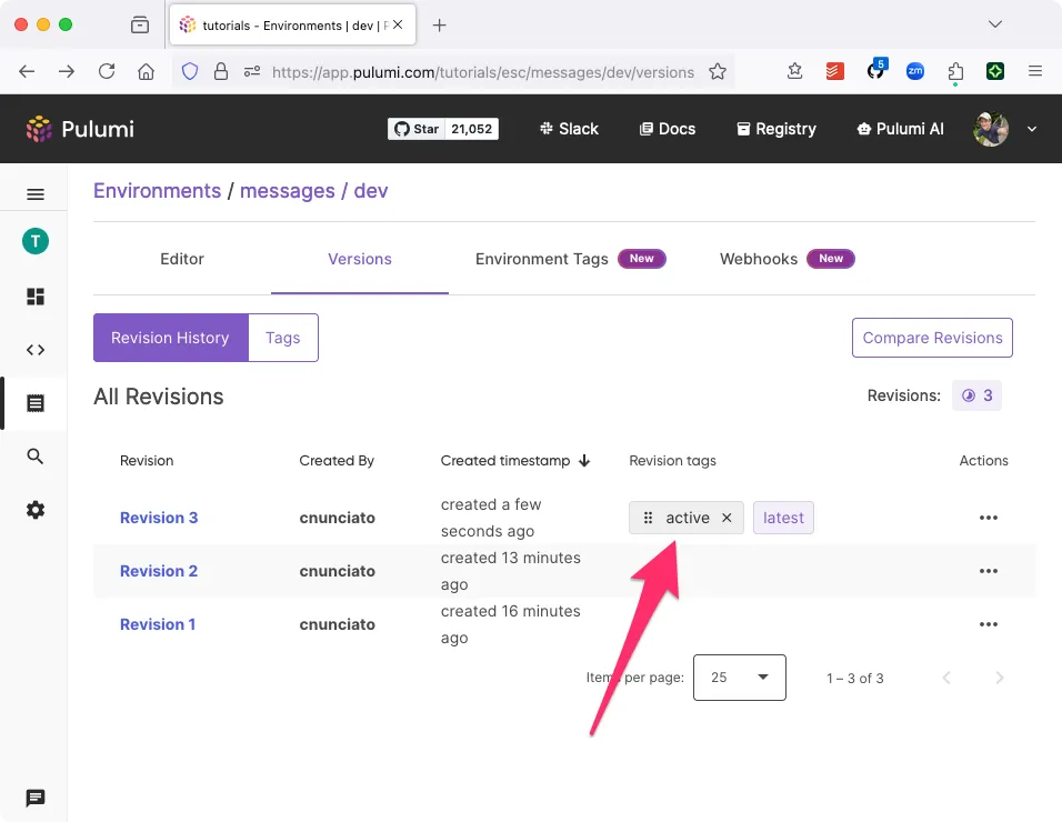 A screenshot showing the active tag pointing to revision 3