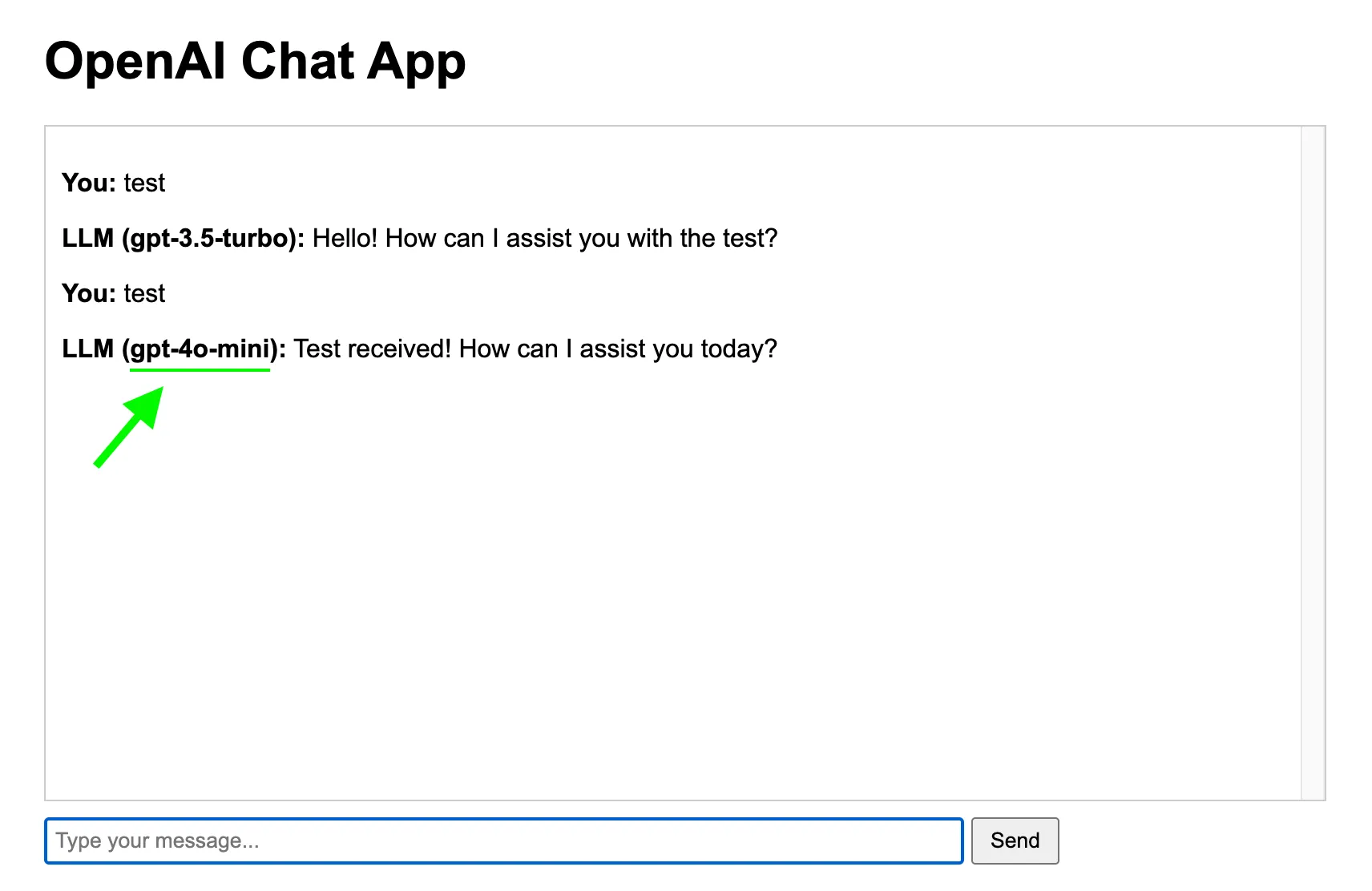 Figure: The chatapp web UI is now using the gpt-4o-mini model