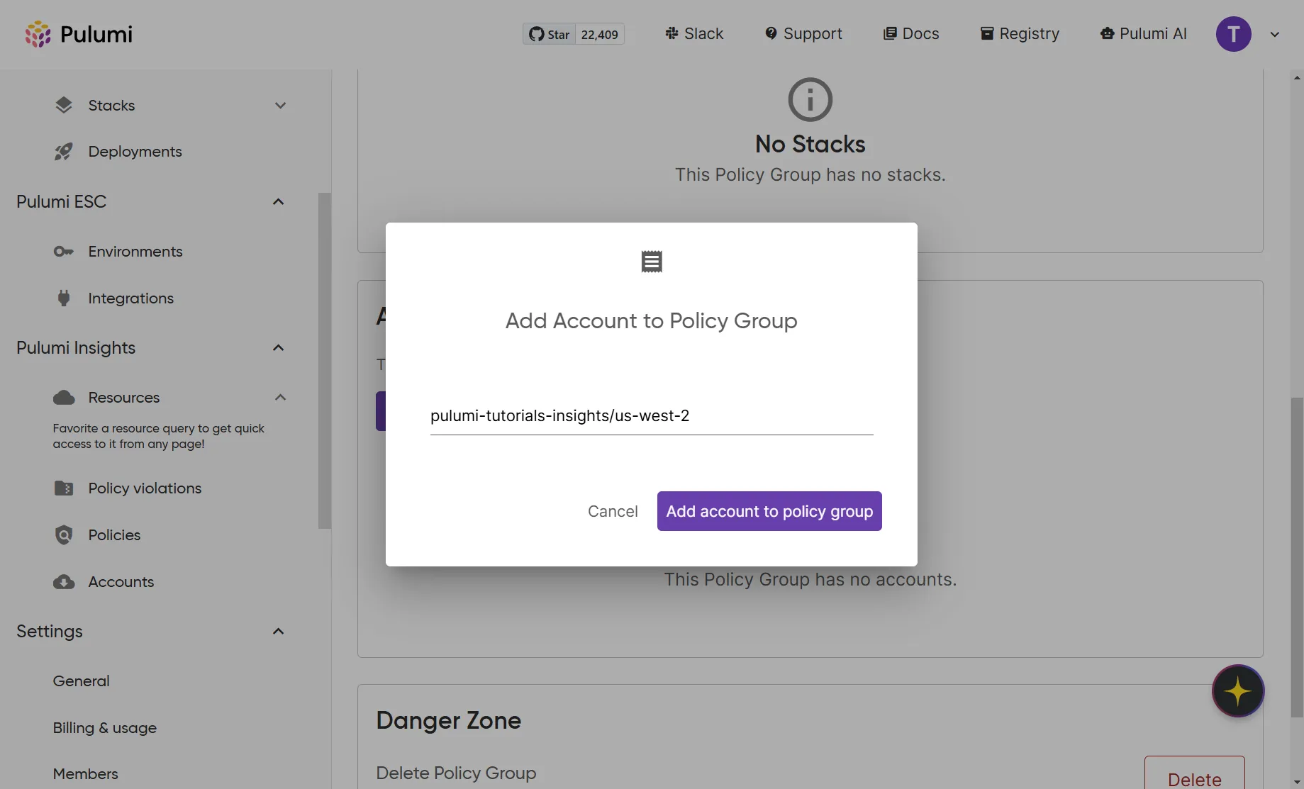 "Adding an account to the policy group"