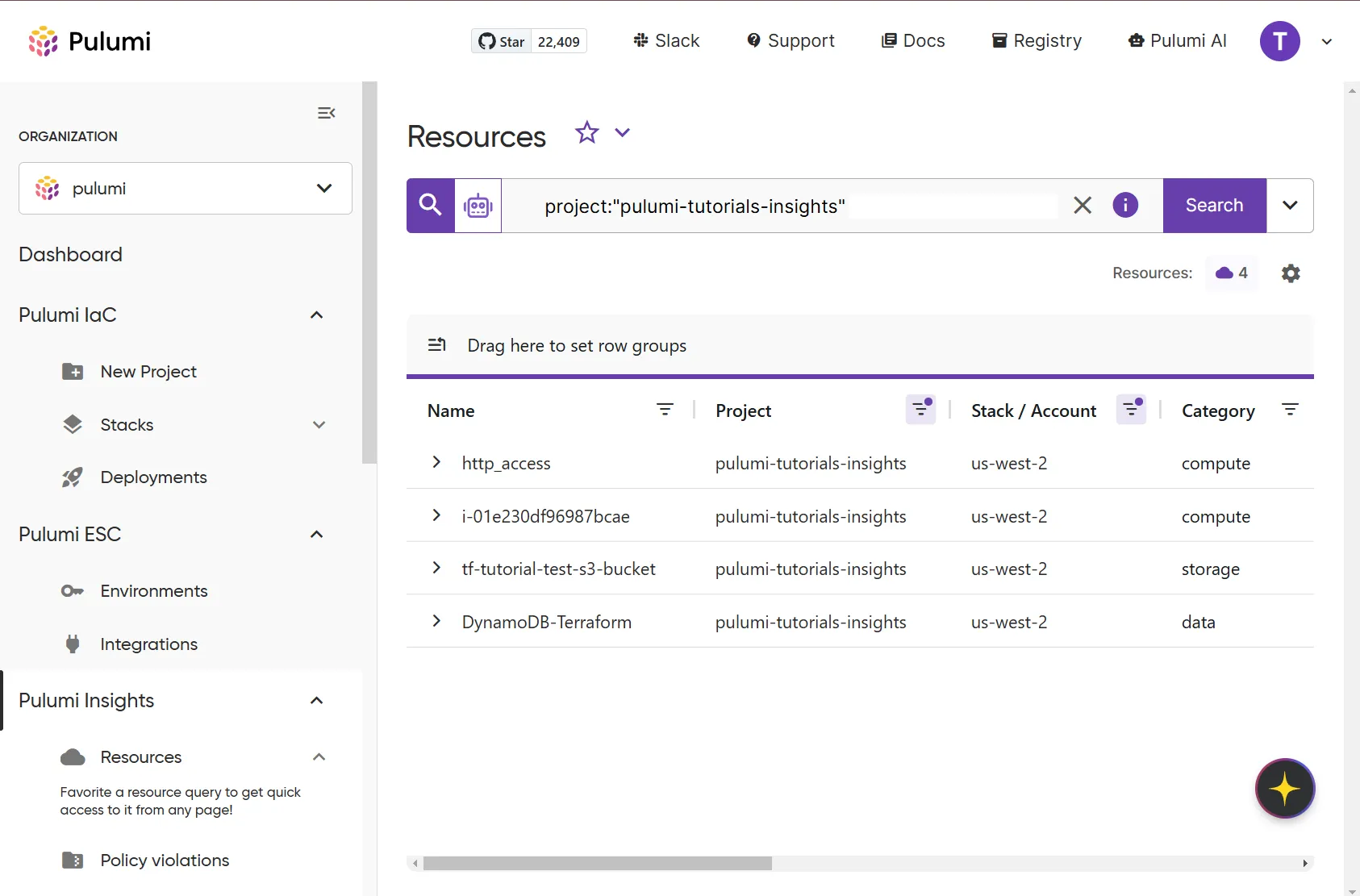 "List of account resources in Insights"
