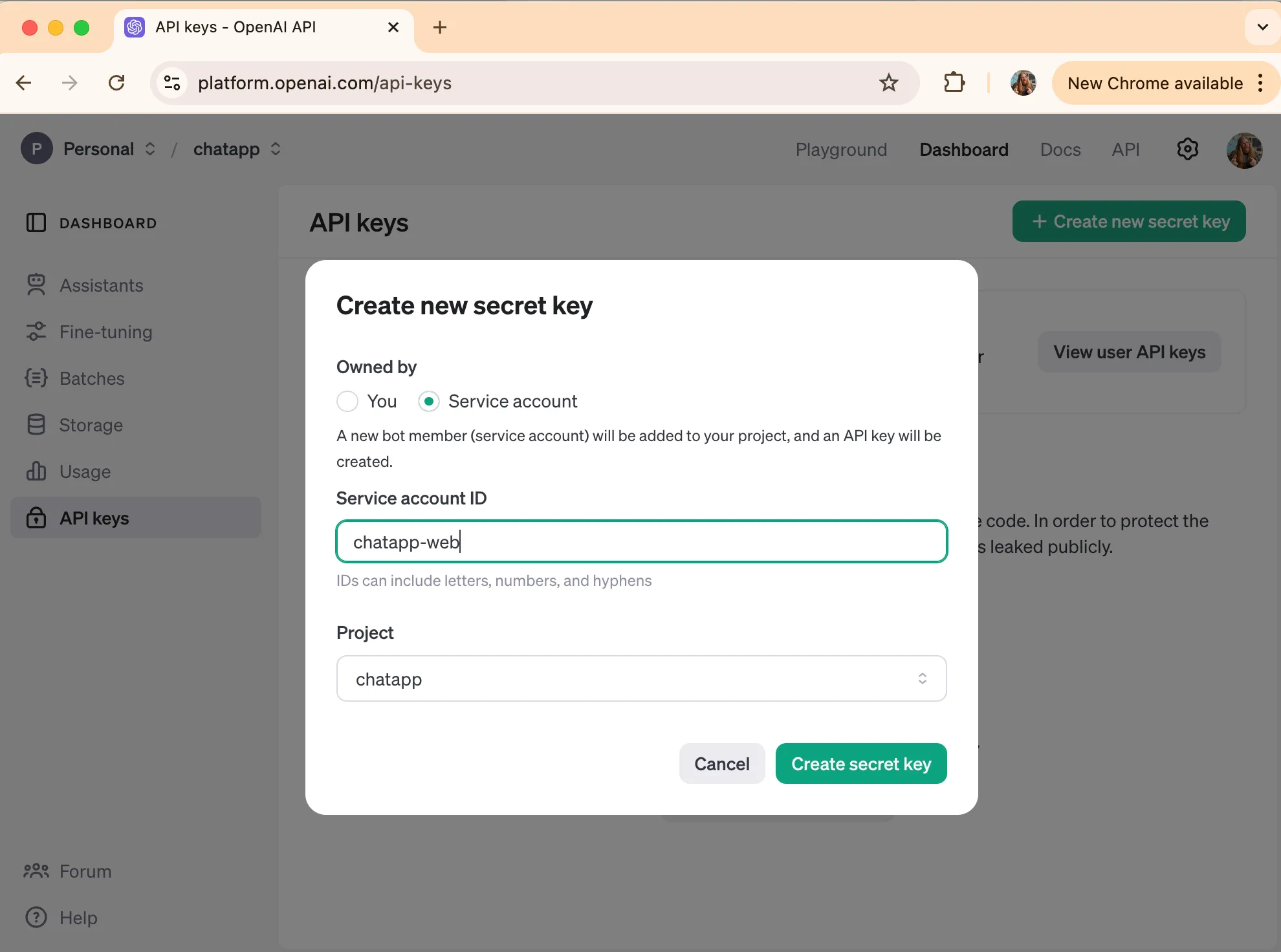 Figure: OpenAI Create API Key dialog.