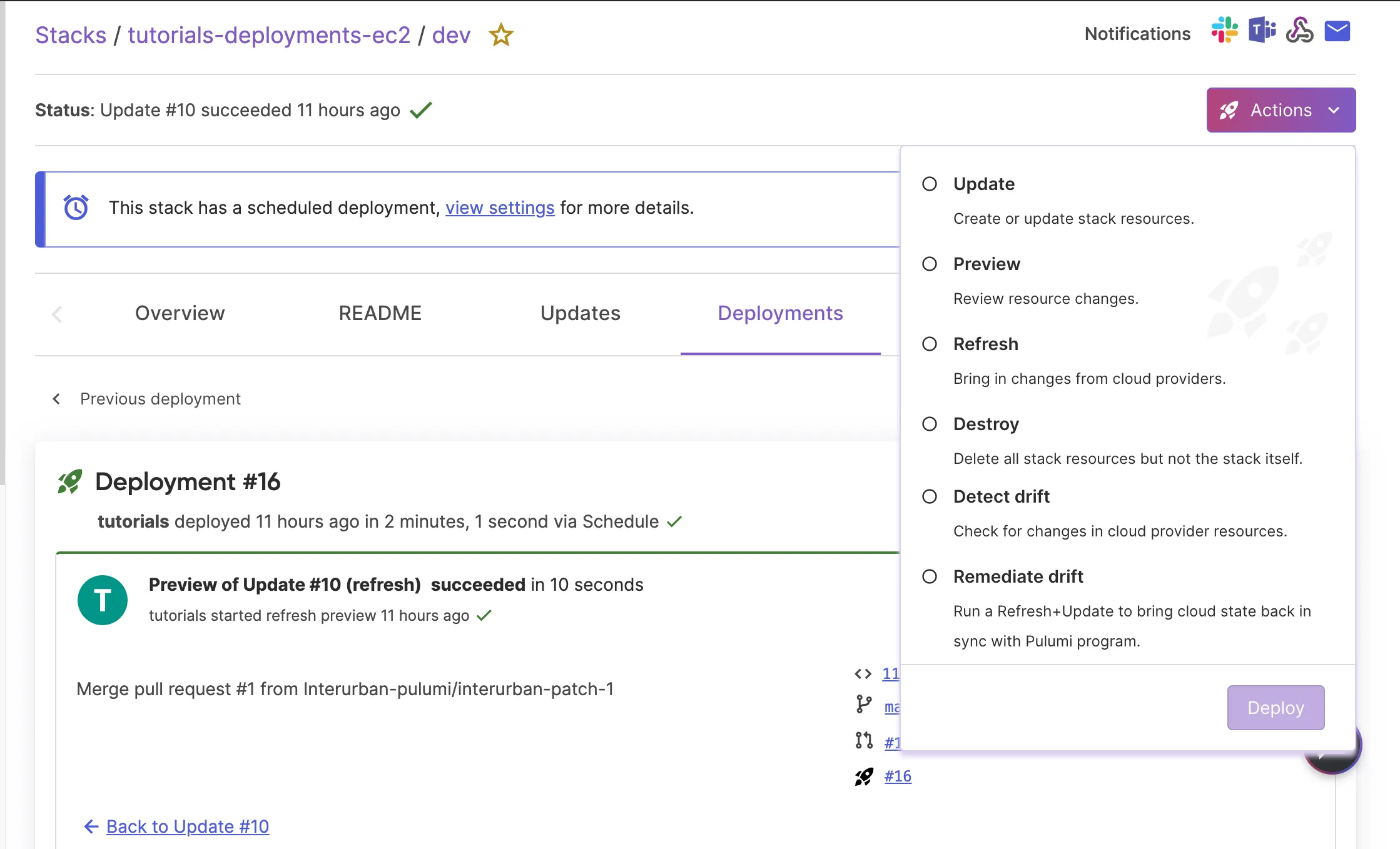 Image of the Pulumi cloud console actions