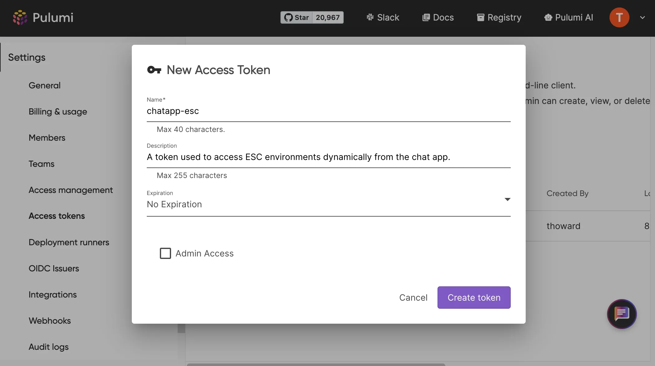 Figure: Create an access token in Pulumi Cloud