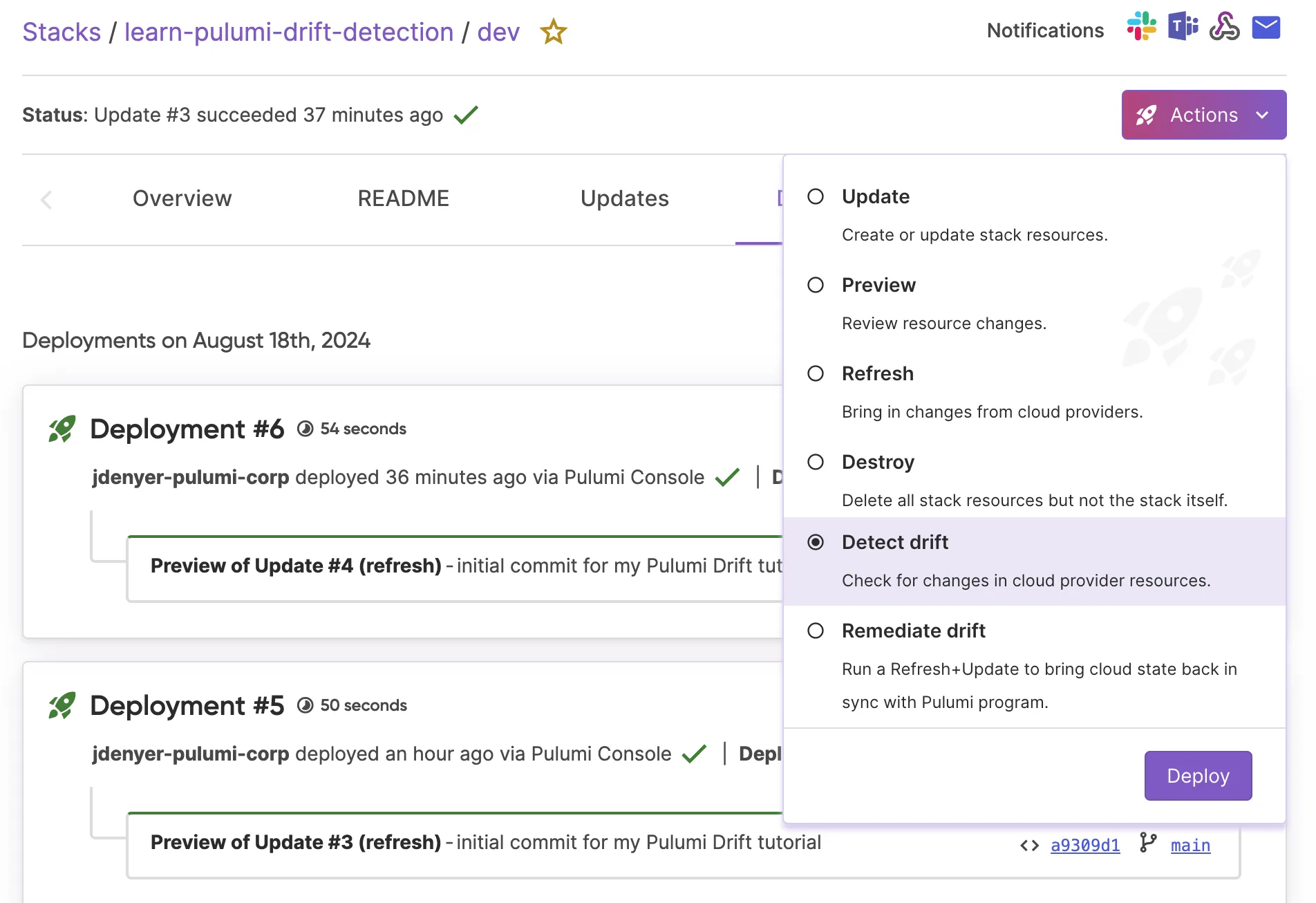 Screenshot of the Pulumi Cloud console to run a drift detection
