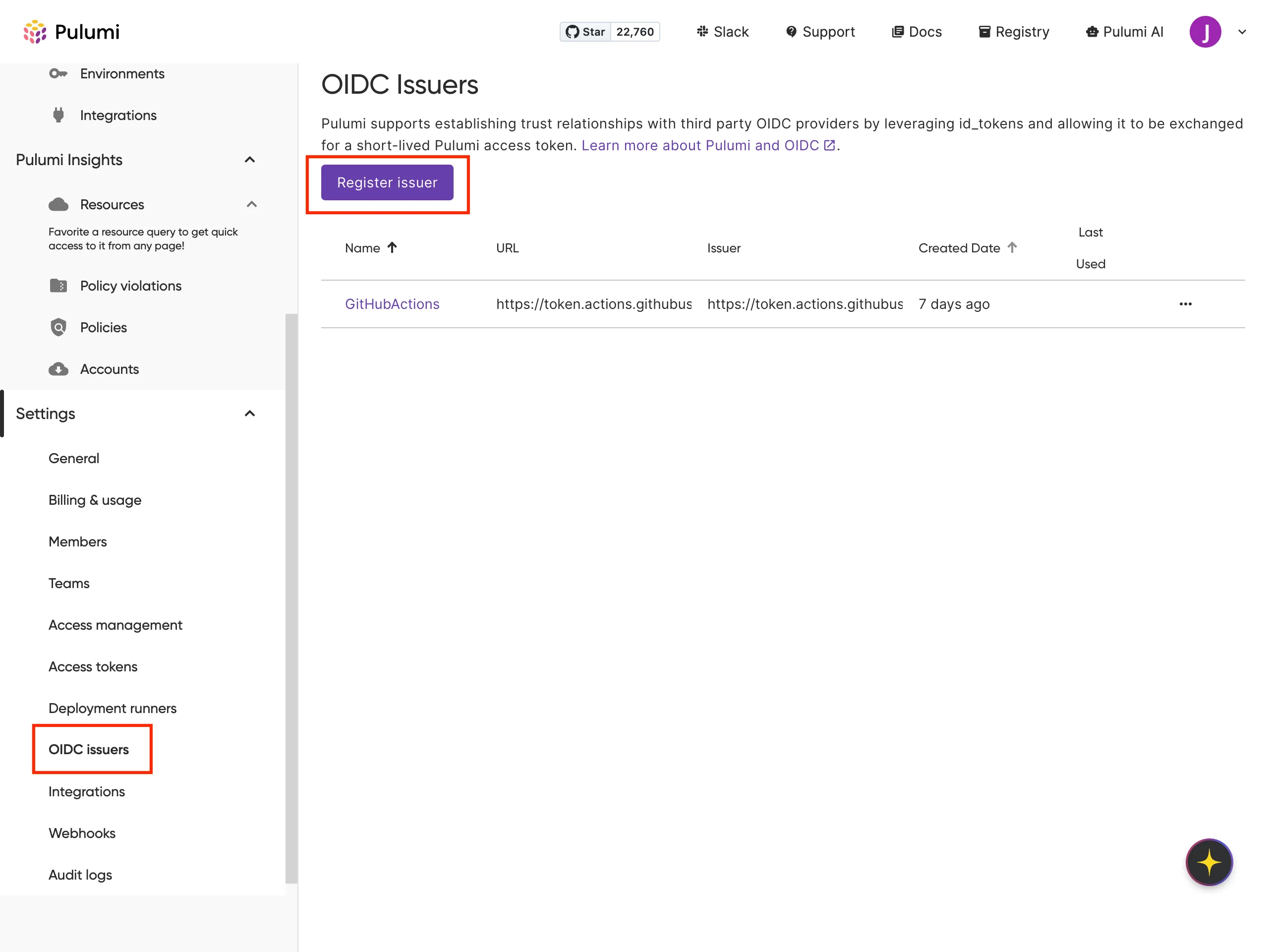 Figure: Pulumi Cloud Org settings