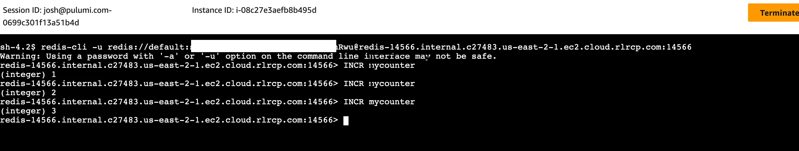 SSM Systems Manager shell with commands like redis connect and INCR