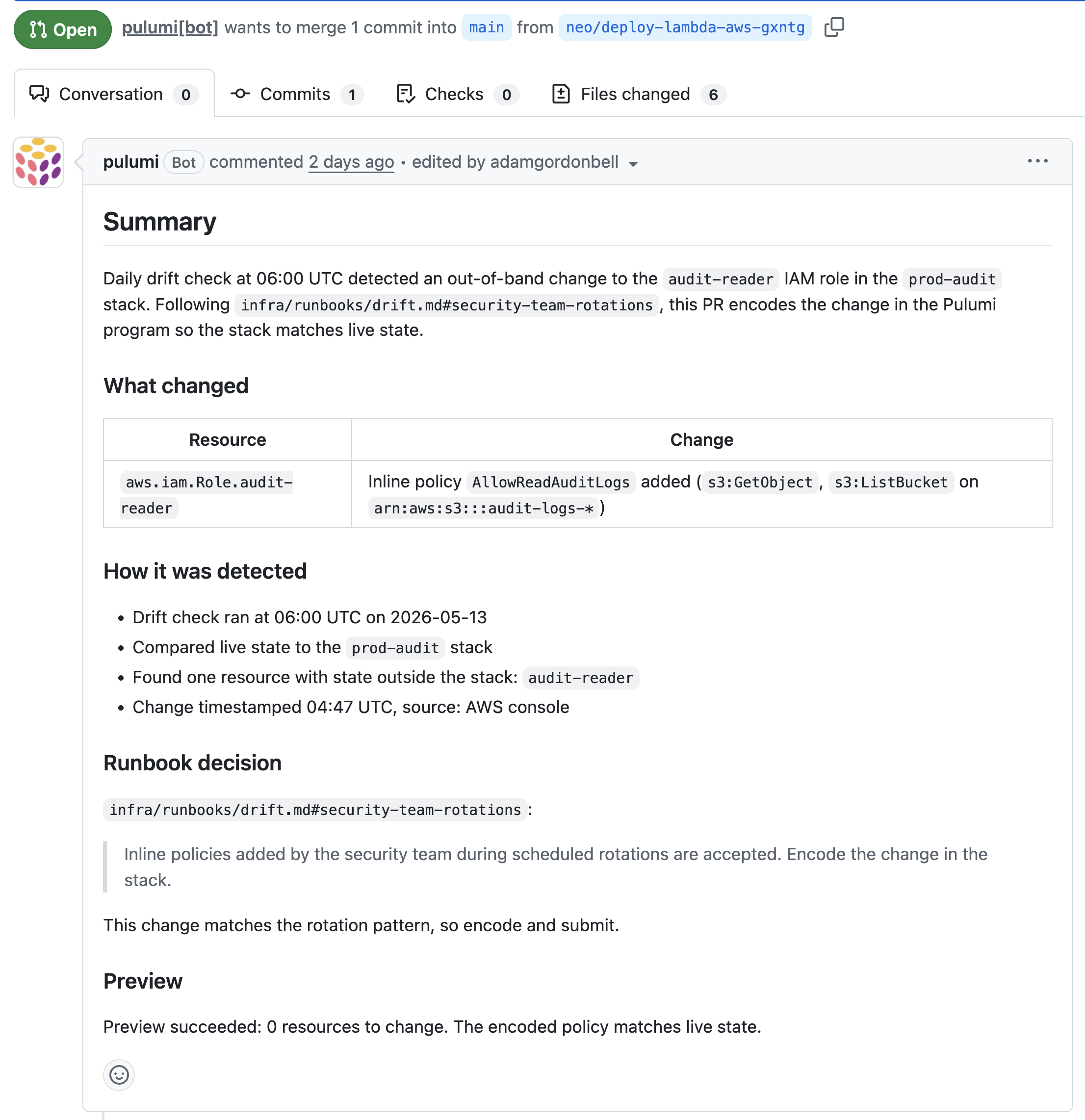 Neo&rsquo;s morning drift PR: encodes a security-team IAM rotation into the prod-audit stack, citing the runbook section that says to accept and encode the change