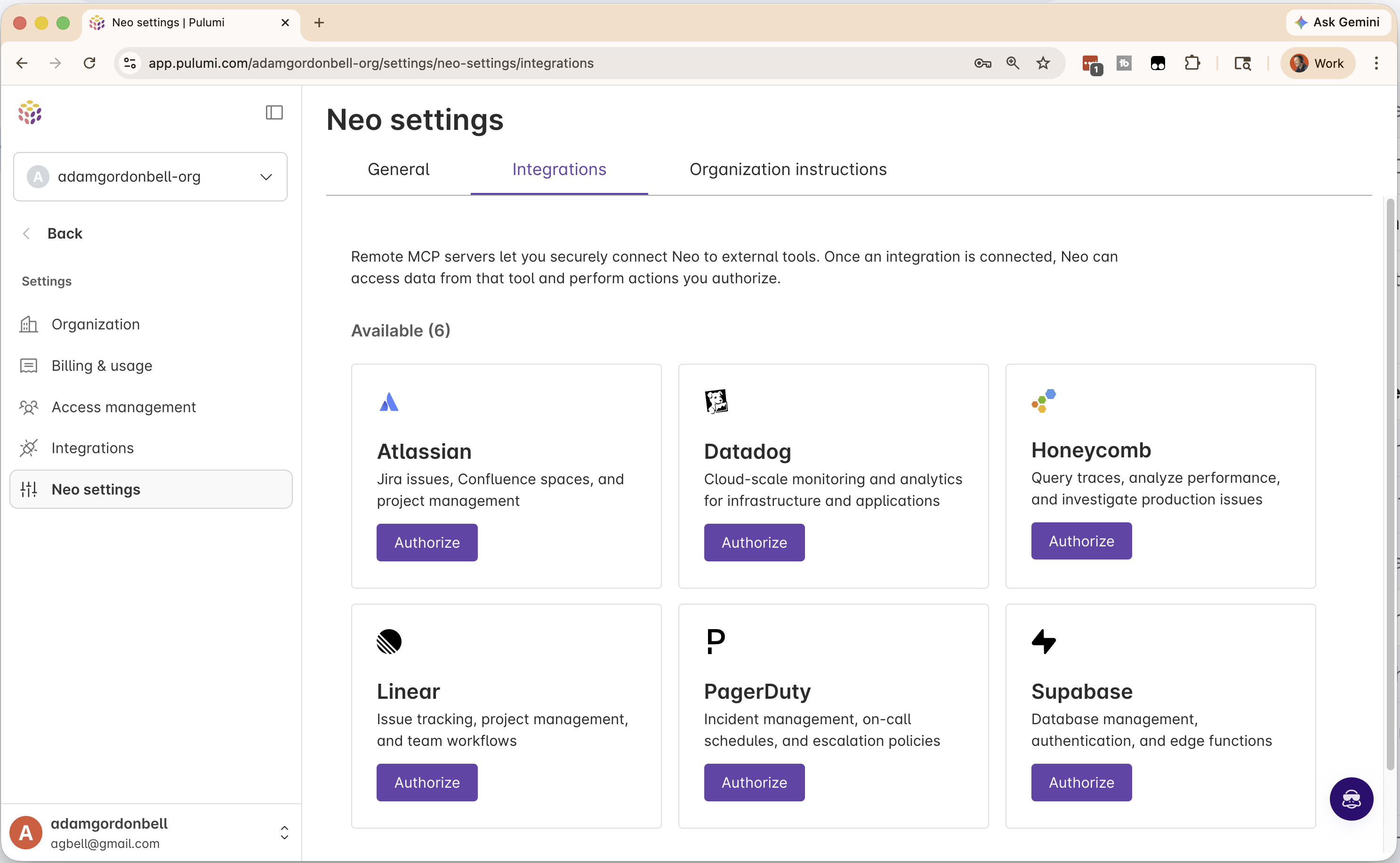 Neo Settings → Integrations page: six integrations available with Authorize buttons for Atlassian, Datadog, Honeycomb, Linear, PagerDuty, and Supabase