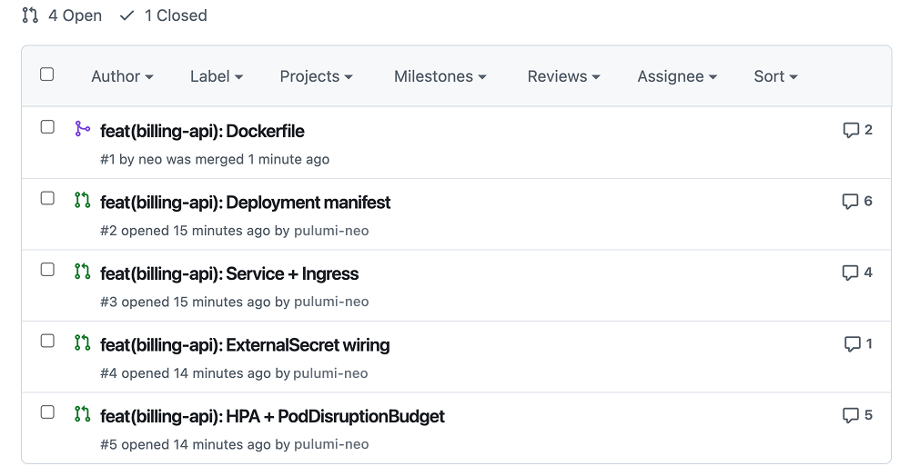 Five GitHub PRs in a row, one per migration step (Dockerfile, Deployment, Service+Ingress, ExternalSecret, HPA+PDB), each citing the runbook section it implements