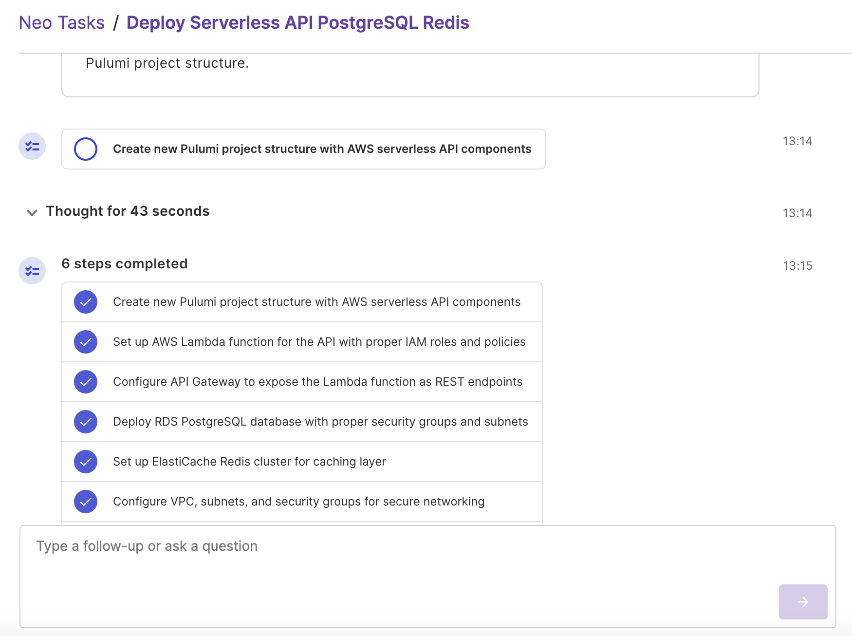 Neo generating infrastructure code for a serverless API with PostgreSQL and Redis