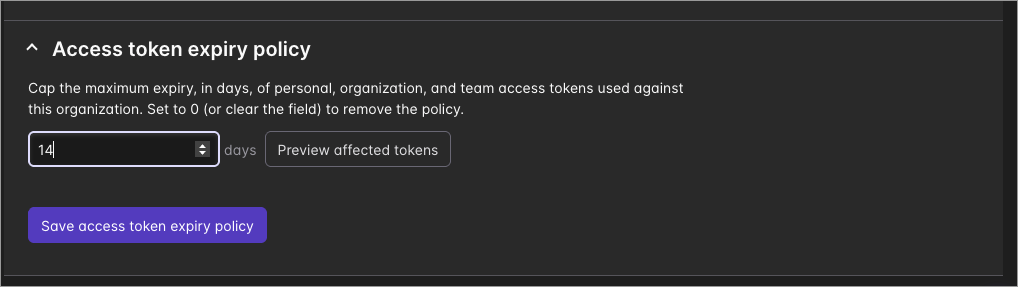 The access token expiry policy card in Pulumi Cloud organization settings, with a 14-day maximum entered and buttons to preview affected tokens and save the policy.
