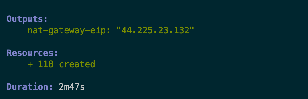 Screenshot of Pulumi CLI output with the IP address of a NAT gateway as a stack output