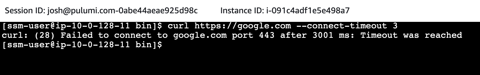Screenshot of a cURL command to google.com being blocked by AWS Network Firewall