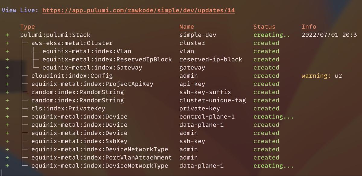 Screenshot of Pulumi update output showing the cluster and other resources being created