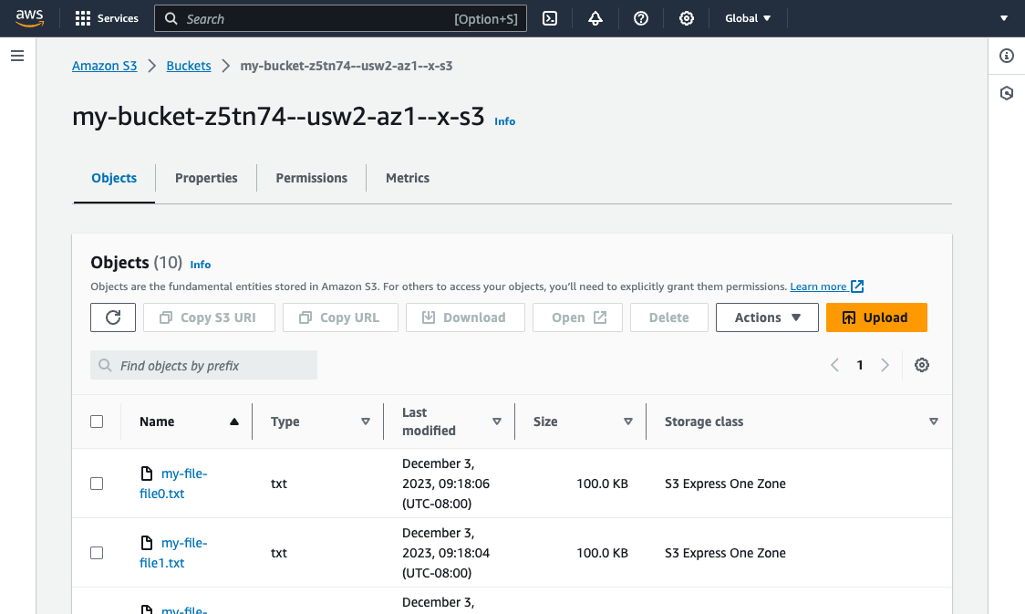 Amazon S3 Express One Zone console screenshot