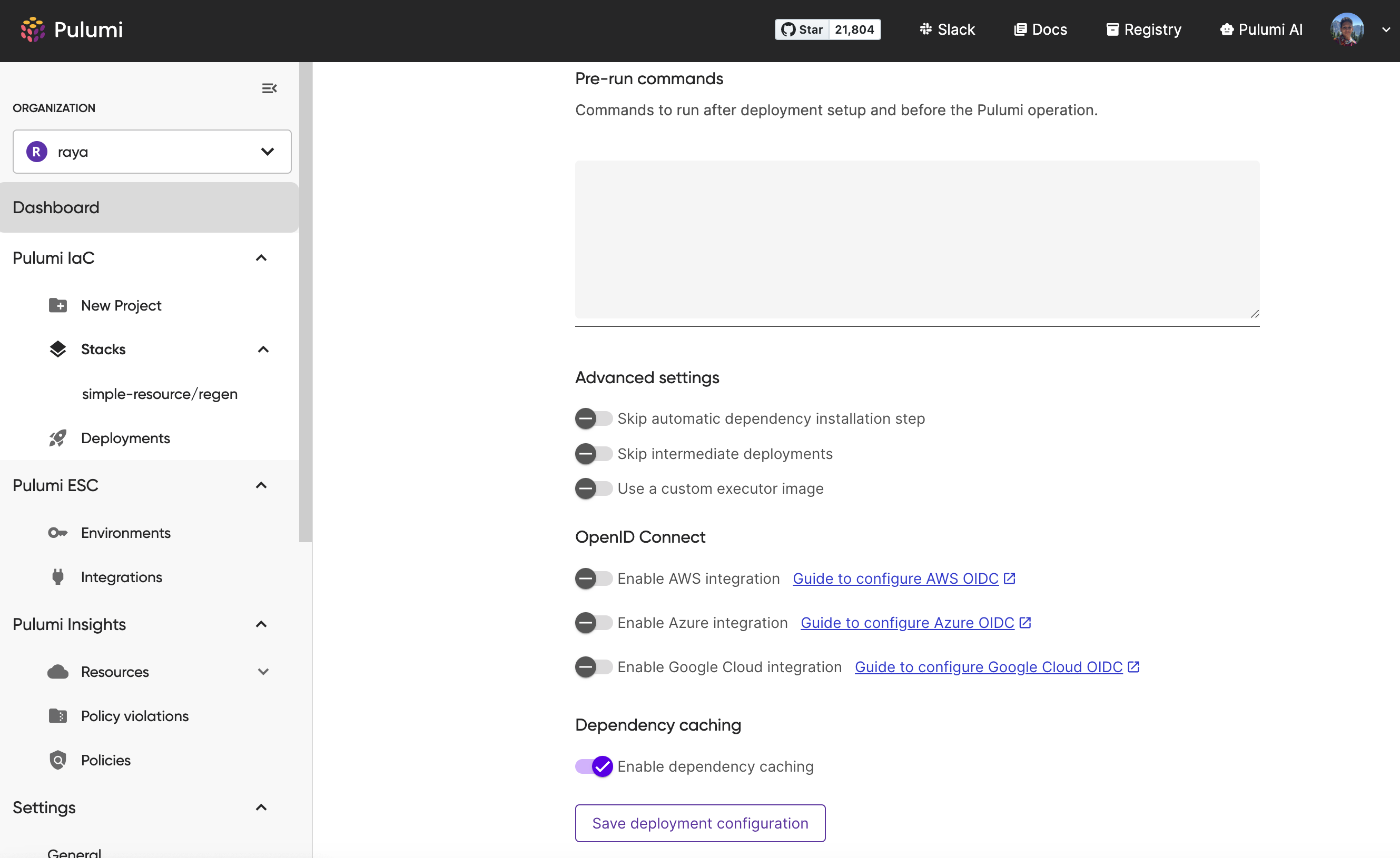 Dependency caching in the Pulumi Console