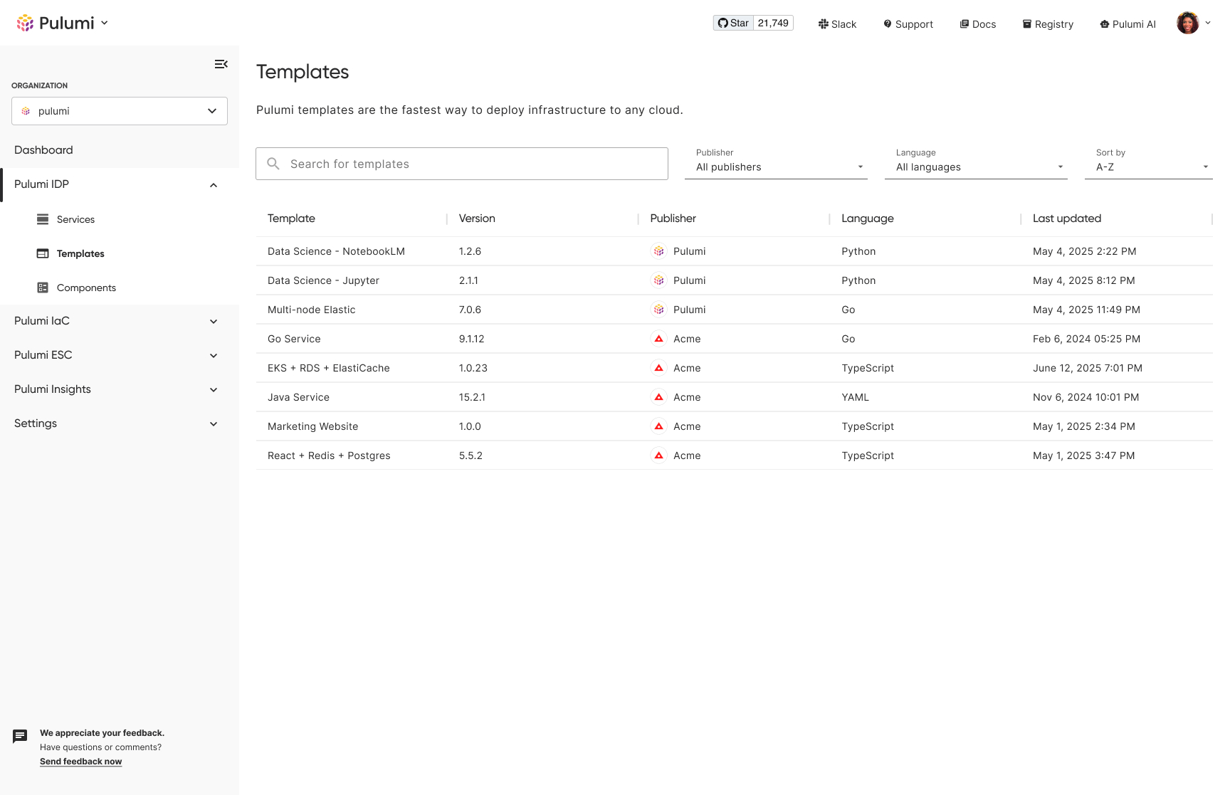 Pulumi IDP Templates