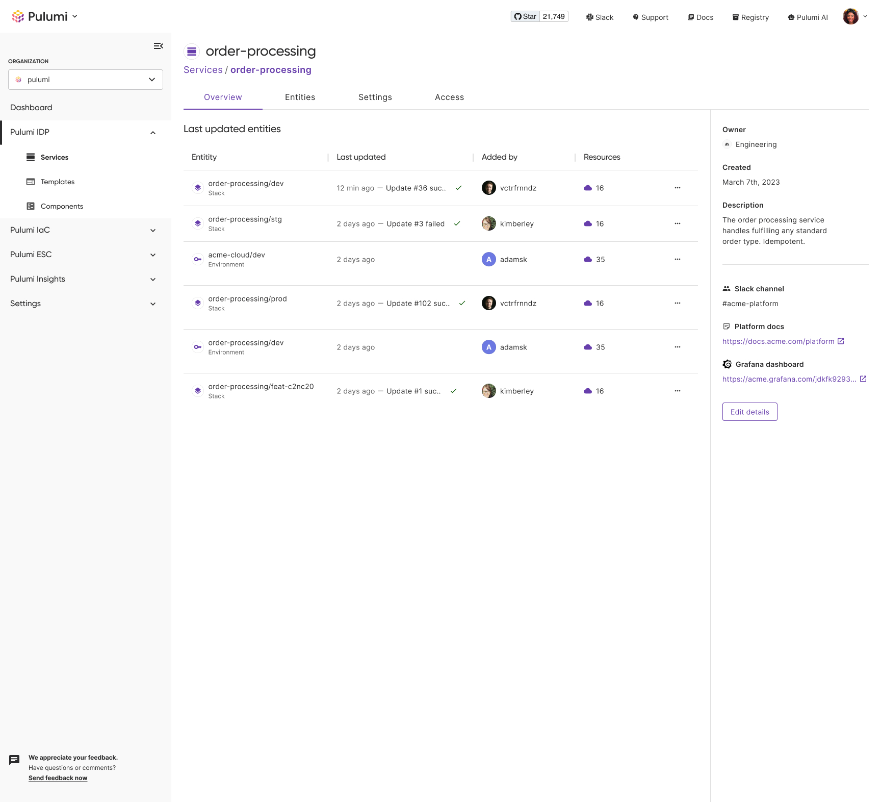 Pulumi Services - Details Page