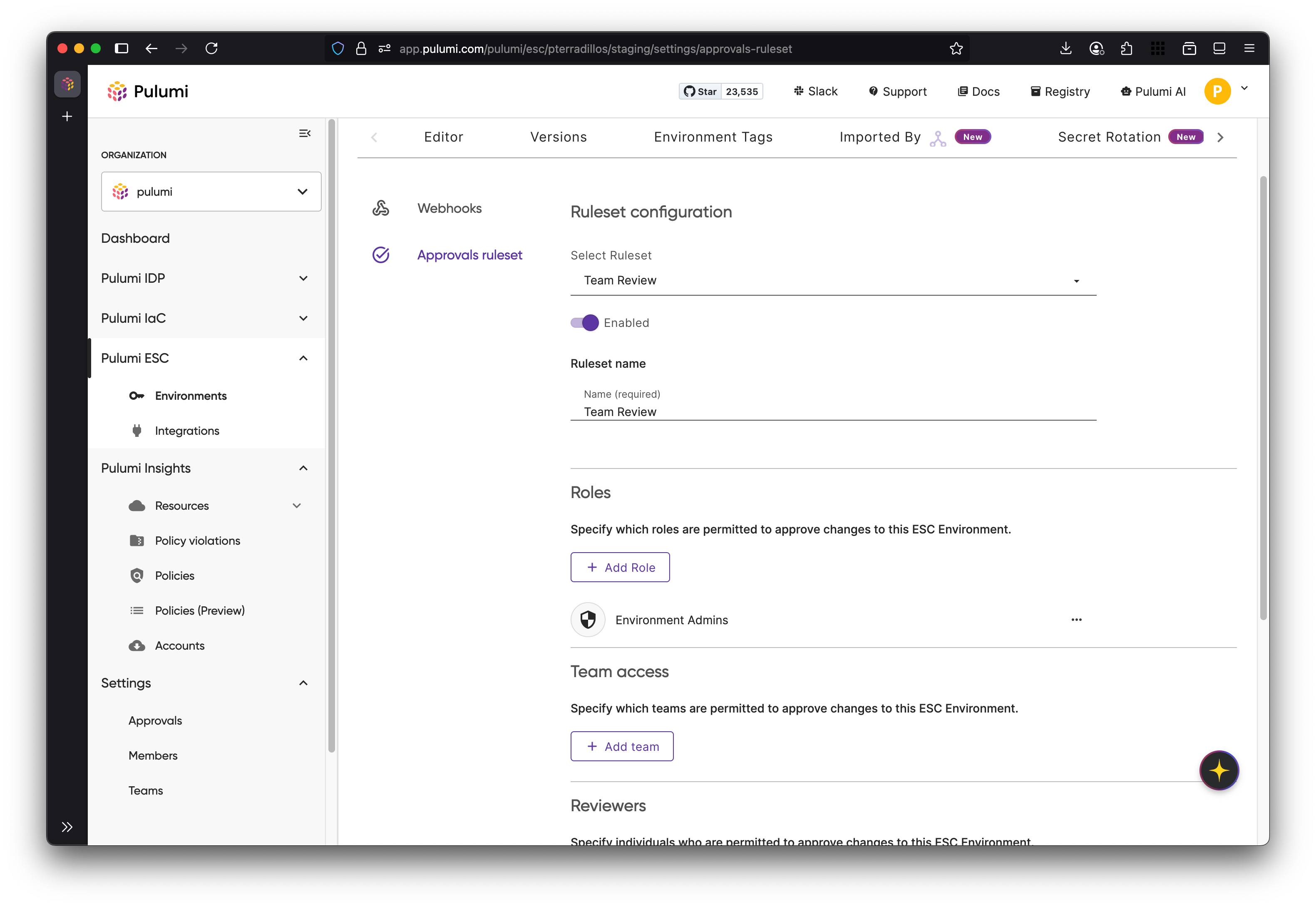 Pulumi Ruleset configuration