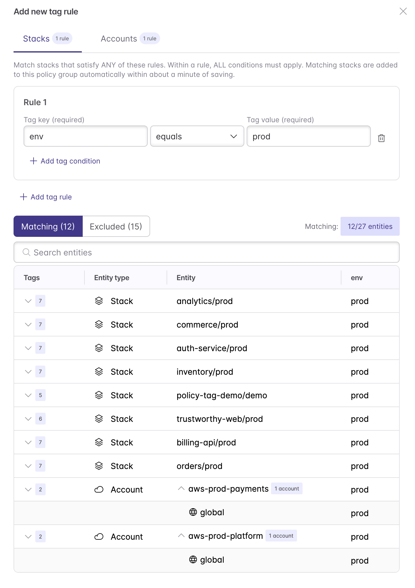 Adding a tag rule that matches stacks and accounts tagged env: prod, with a preview of the matching entities