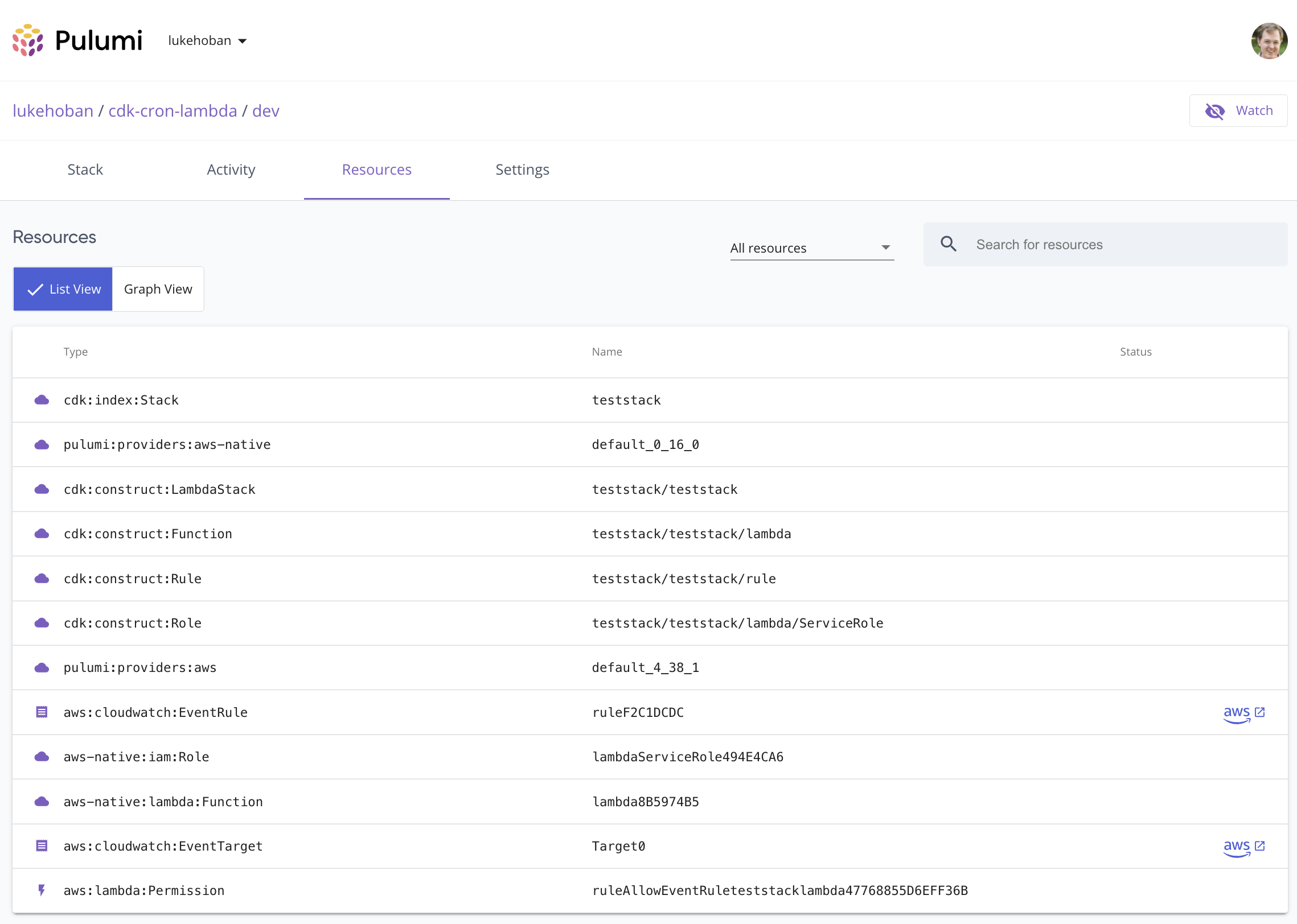 AWS CDK on Pulumi Stack in Pulumi Console