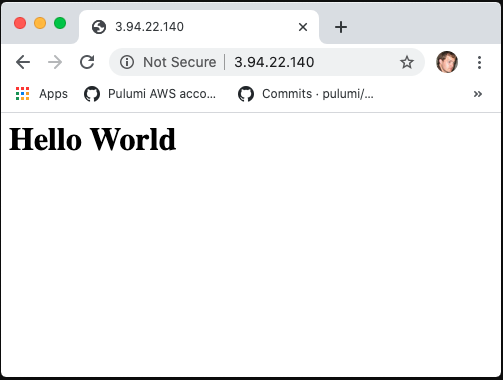 Chrome browser depicting a Hello World application
