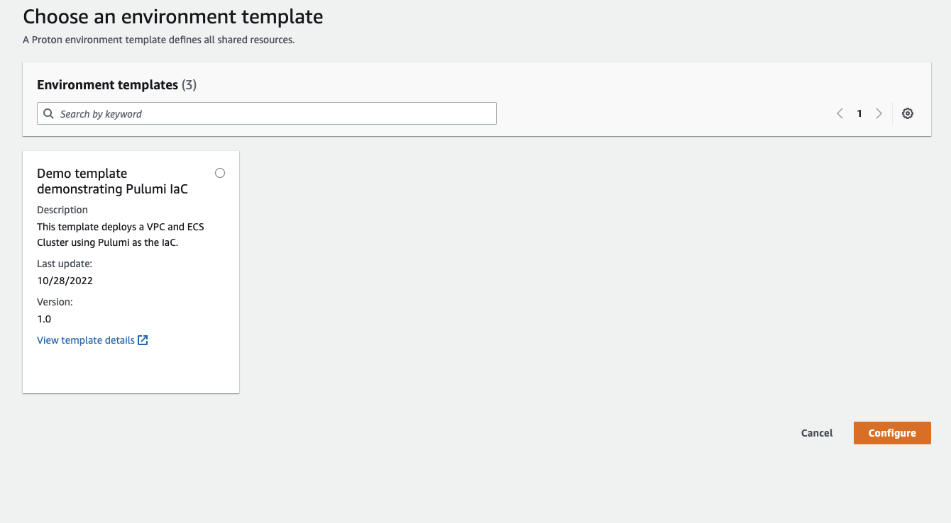 Screenshot showing list of self-service infrastructure templates in AWS Proton
