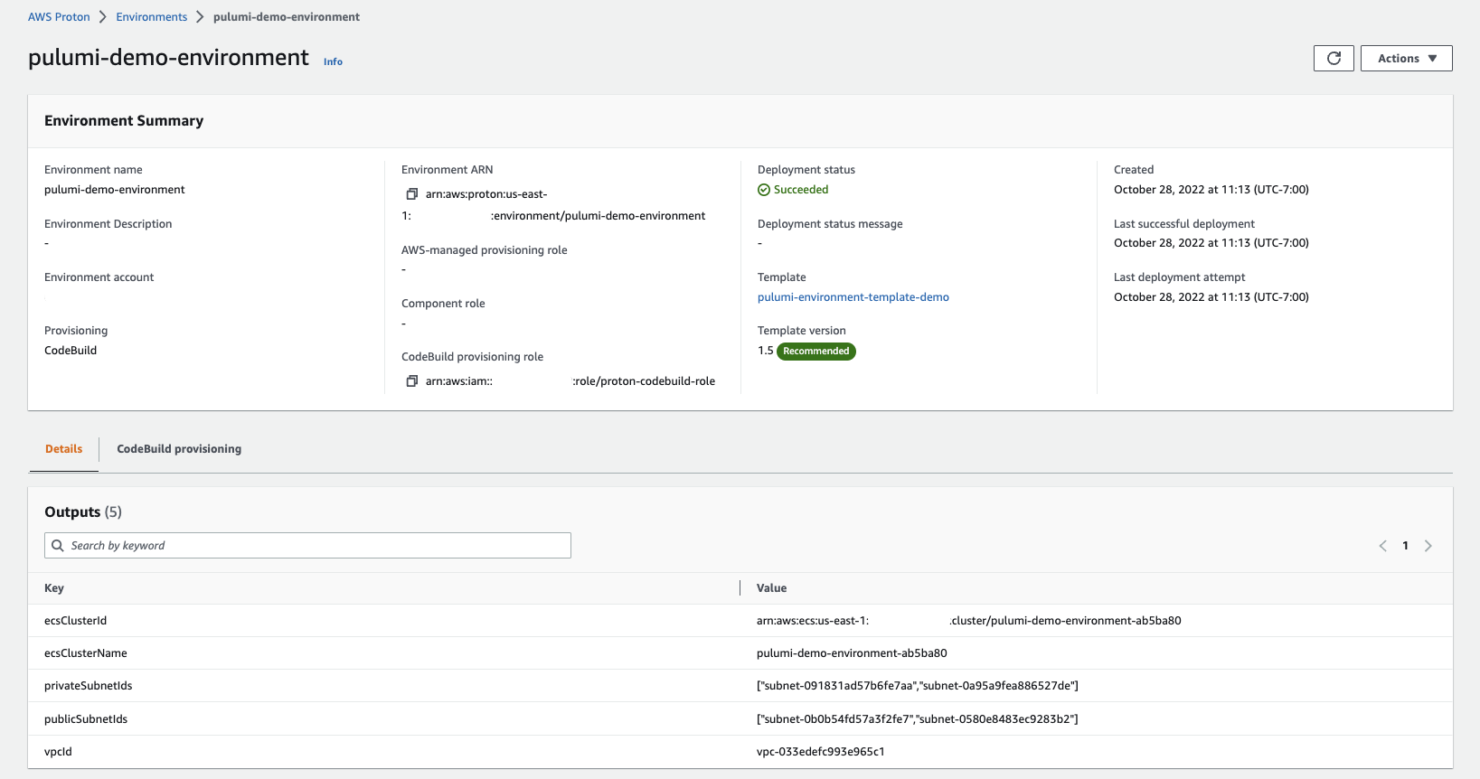 Screenshot showing completed infrastructure template outputs in AWS Proton