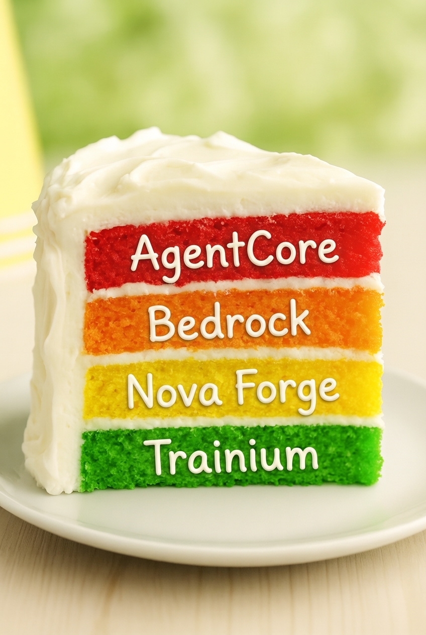 The AWS AI stack as a layer cake: Trainium at the bottom, Nova Forge, Bedrock, AgentCore on top