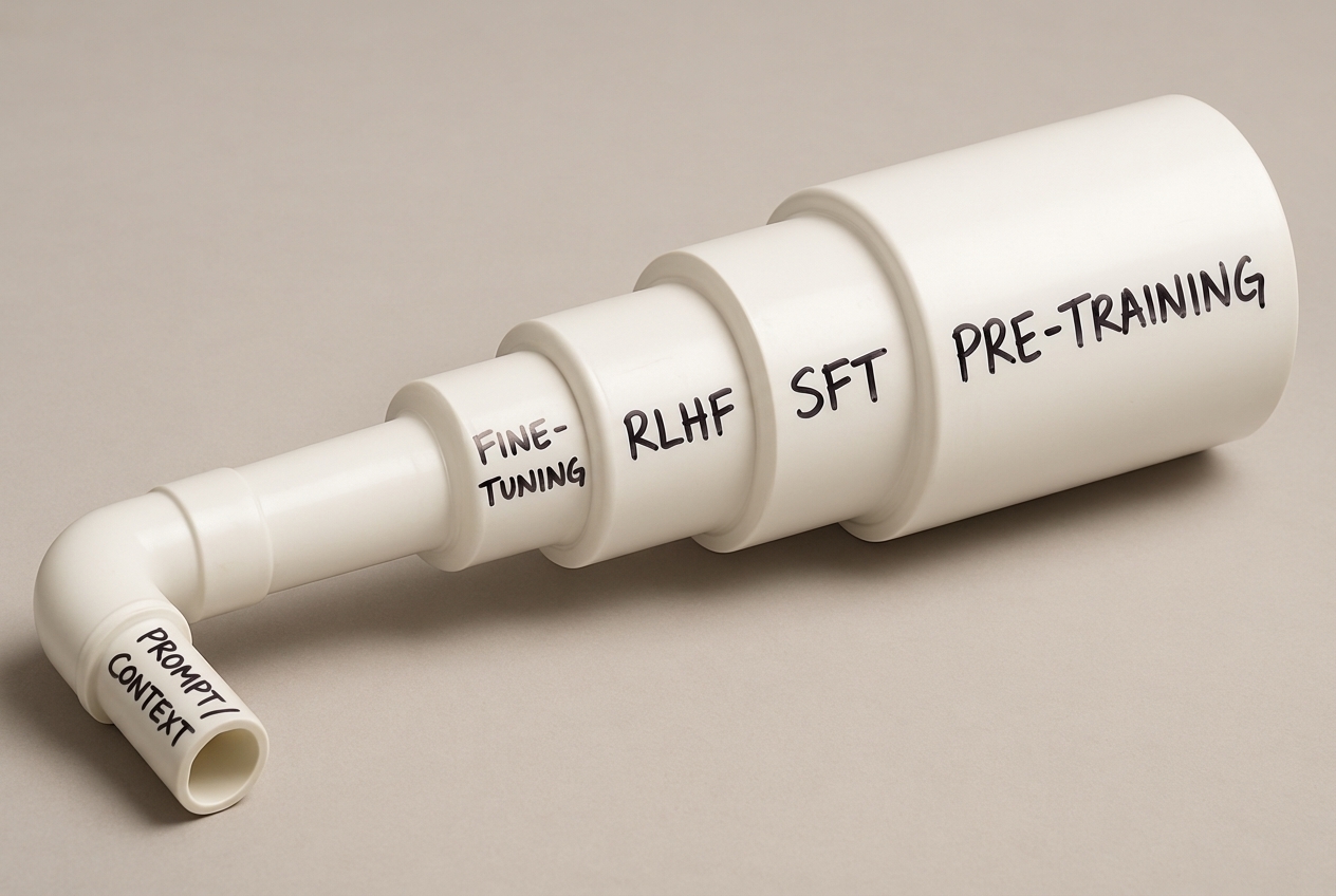 The LLM training pipeline: pre-training, SFT, RLHF, fine-tuning, narrowing down to prompt/context