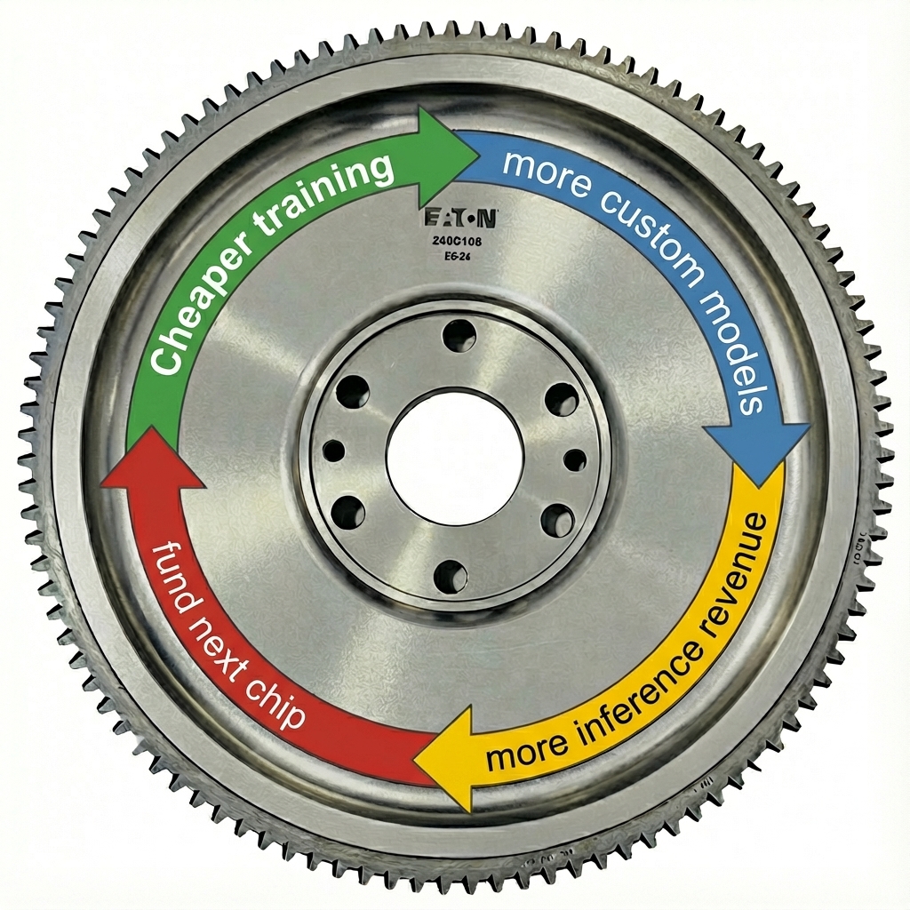 The Trainium flywheel: cheaper training leads to more custom models, more inference revenue, funding the next chip