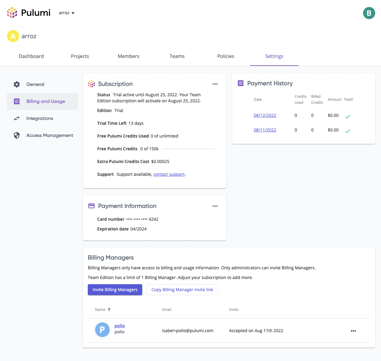 Billing Managers in the Pulumi Service