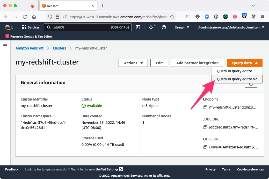 The newly created cluster in the AWS Console