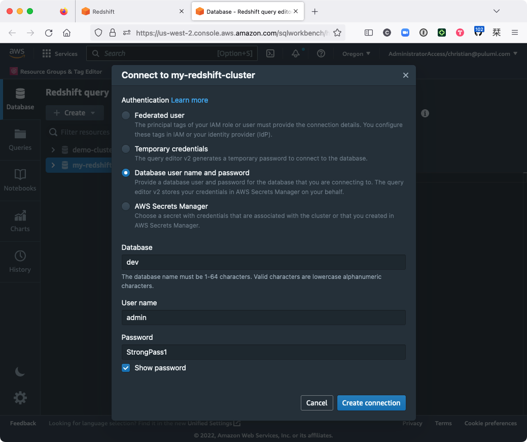 The connection dialog for the newly created cluster