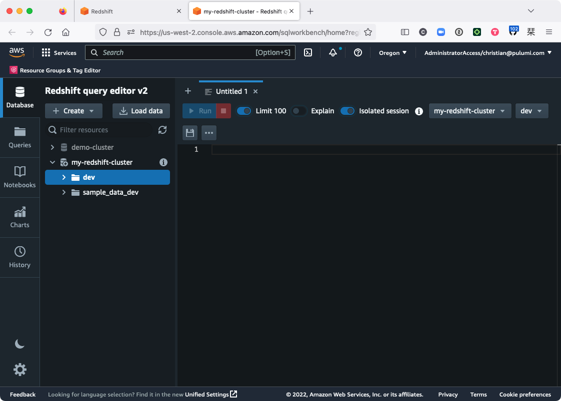 The Redshift query editor, now connected to the cluster and database