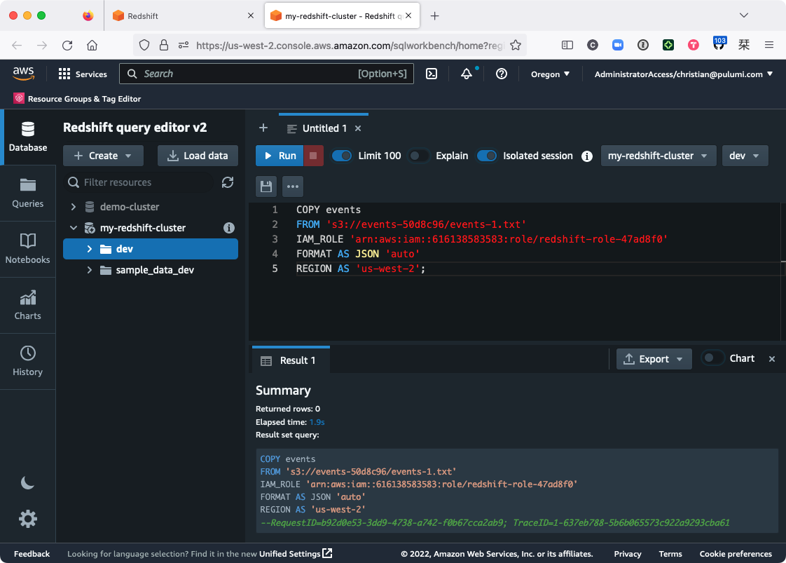 The Redshift query editor showing the data was imported successfully