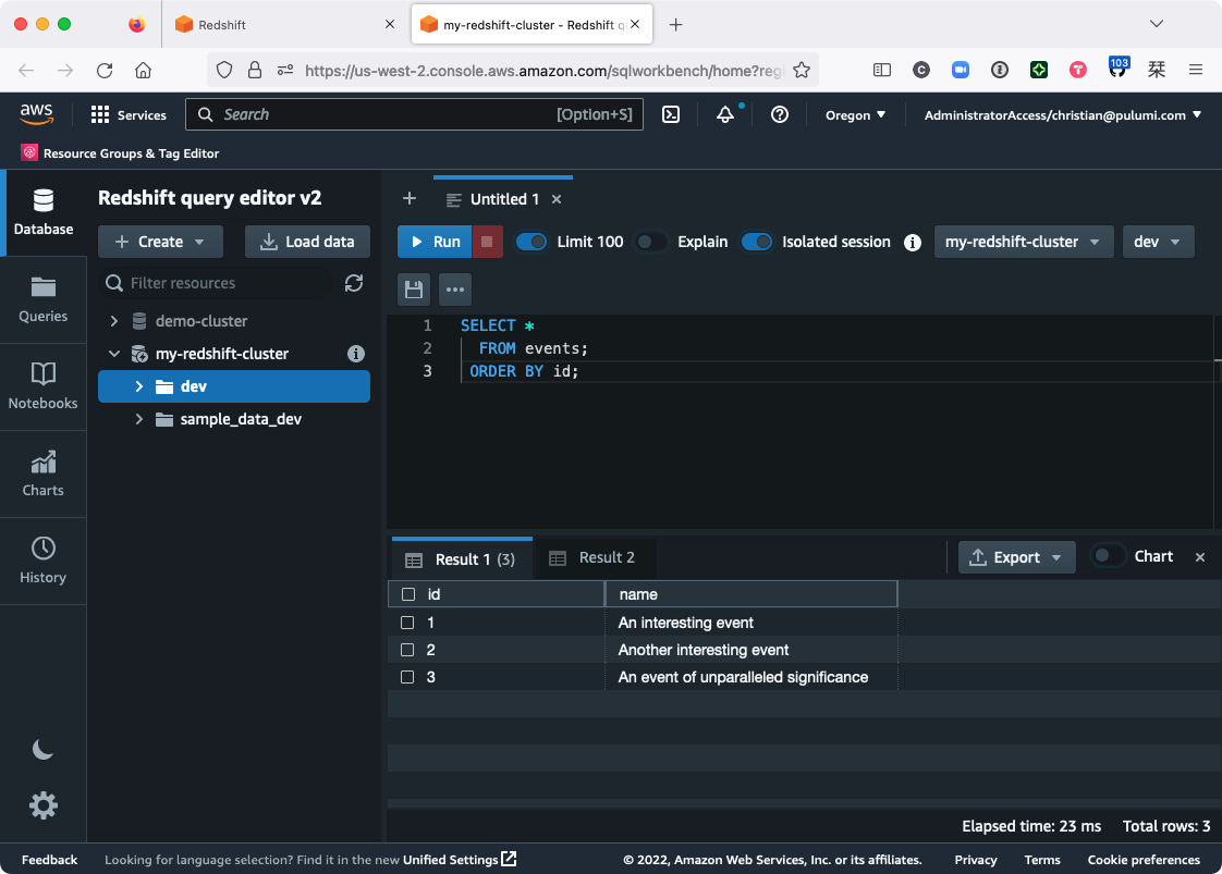 The Redshift query editor showing three new records retrieved from the dev database