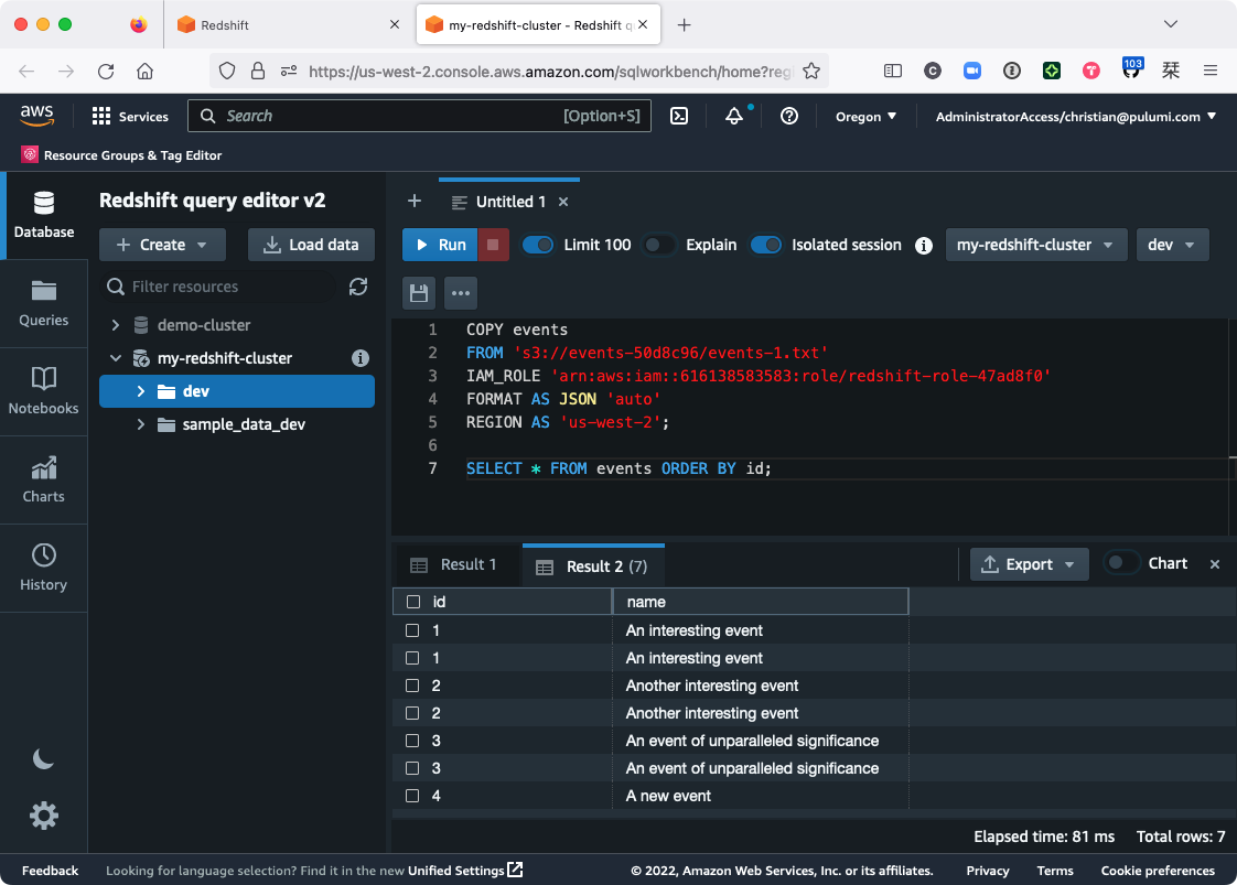 The Redshift query editor showing three new duplicate records and one new one