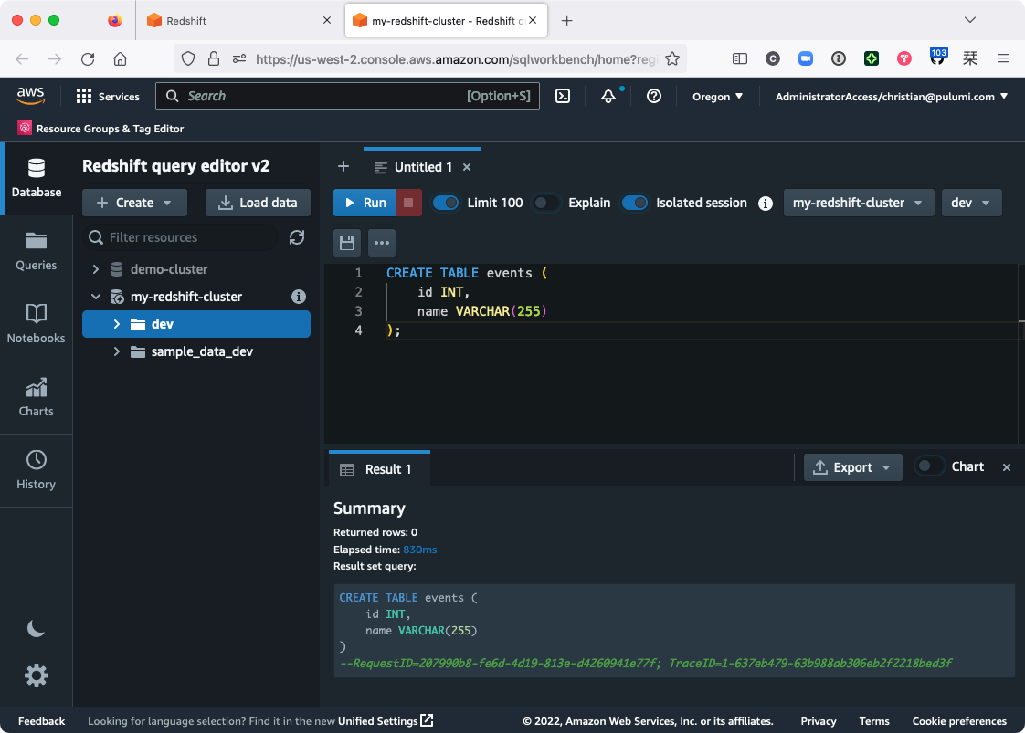 The Redshift query editor showing the events table was created successfully