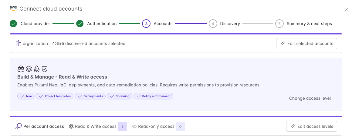 The accounts step showing the selected accounts summary, the Build and Manage access level card, and per account access controls