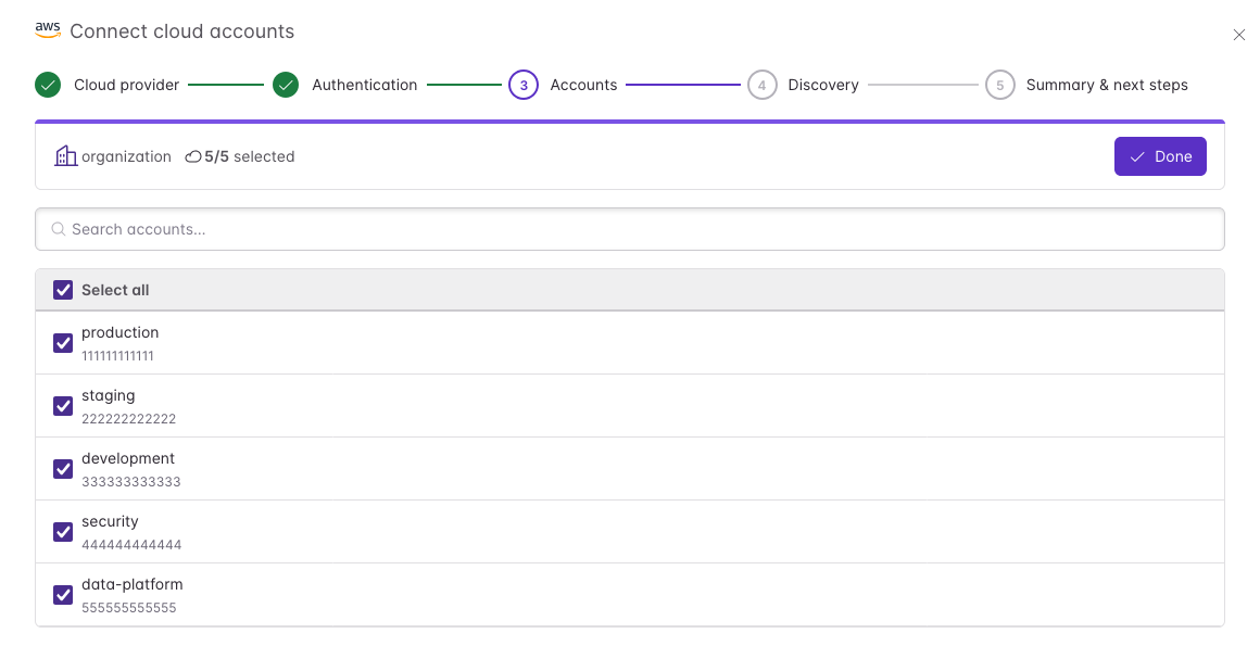 The account picker showing discovered AWS accounts with checkboxes, a search box, and a select all option