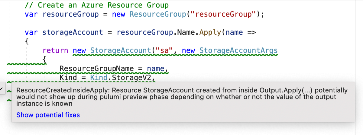 a warning being reported when creating a resource inside apply call