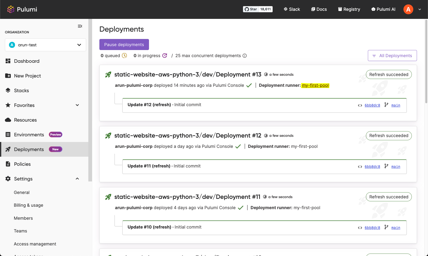 Deployments page