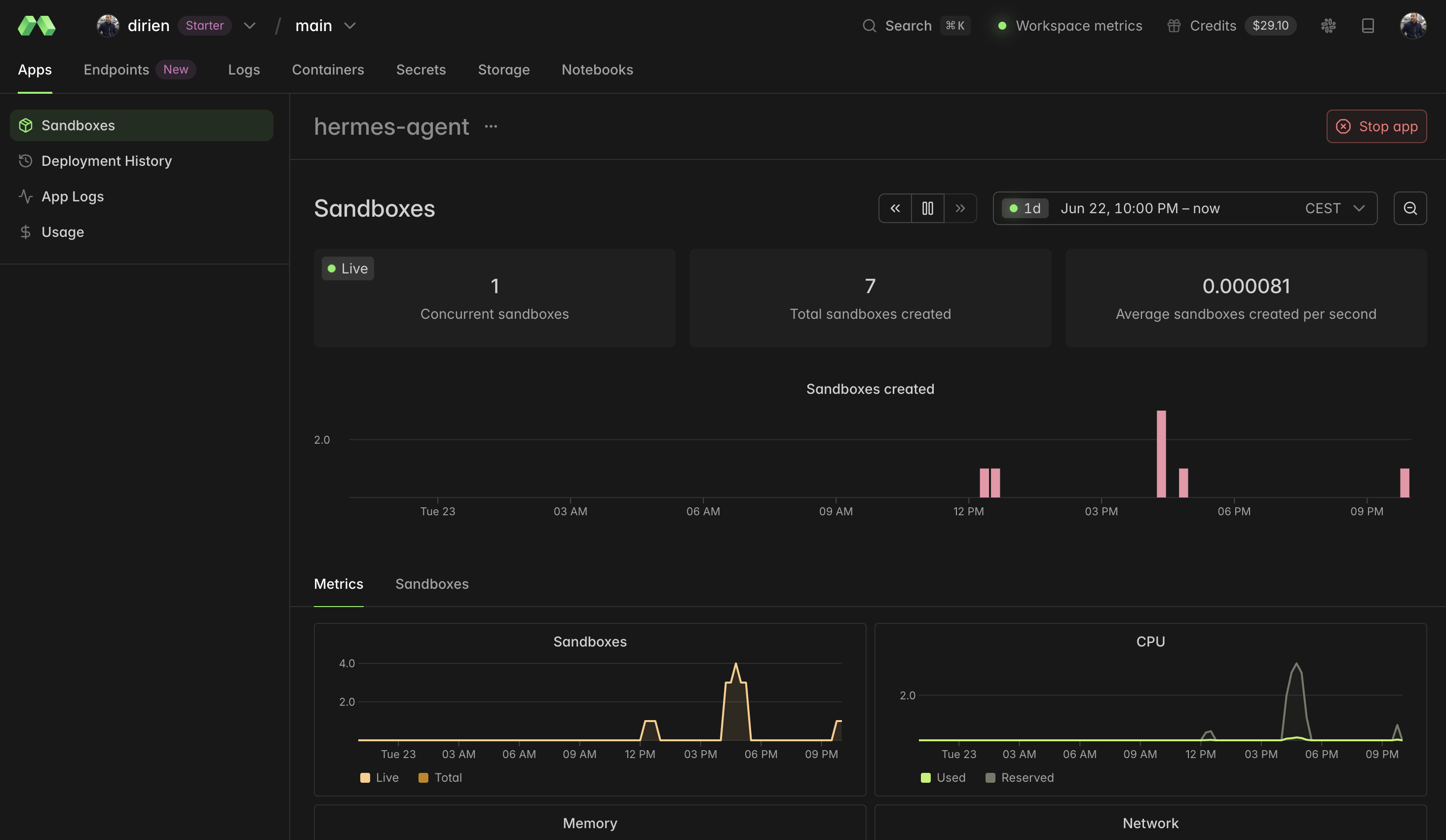 Modal dashboard showing the per-task sandboxes the agent created at runtime