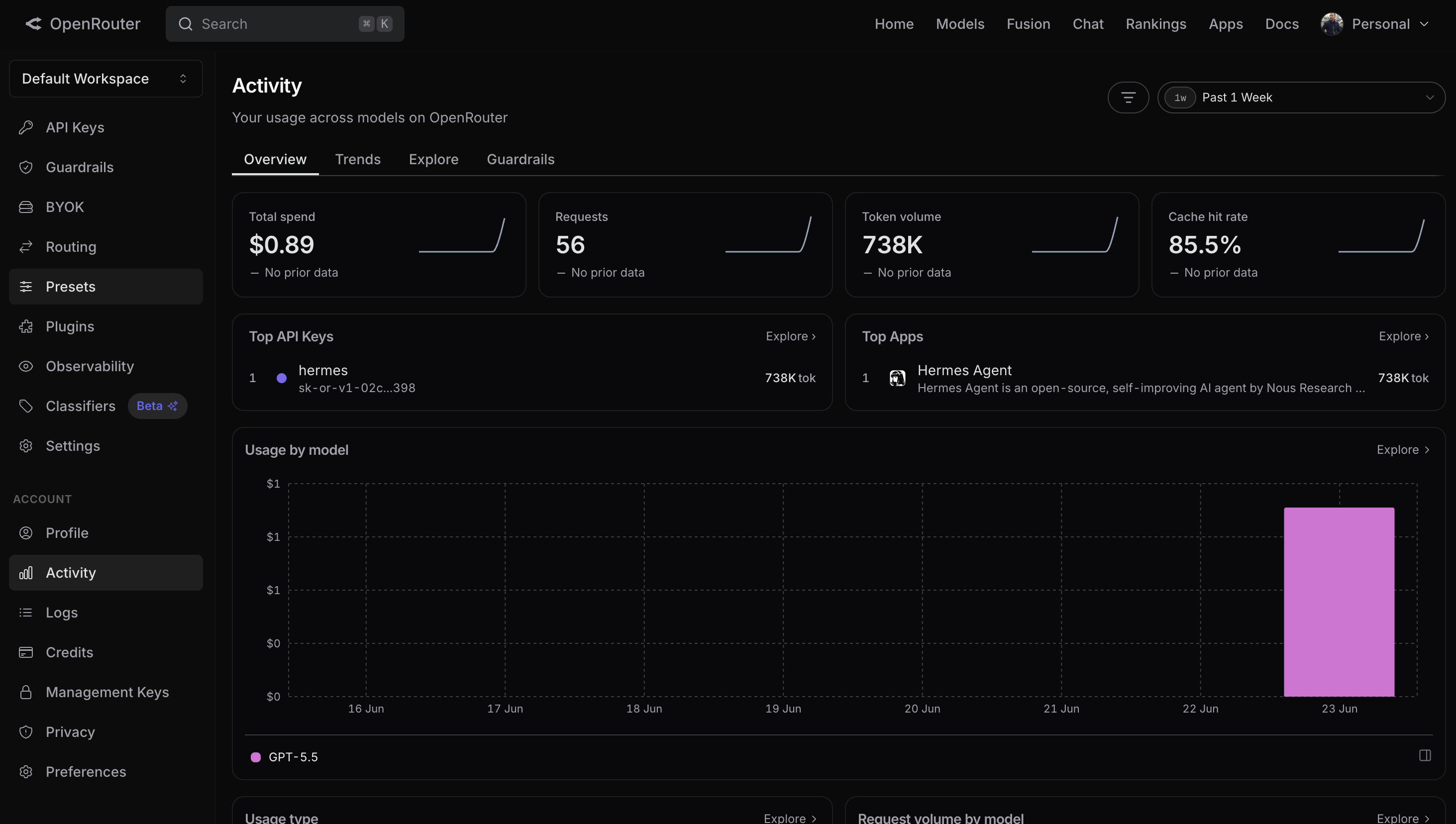 OpenRouter dashboard showing model usage and remaining credit