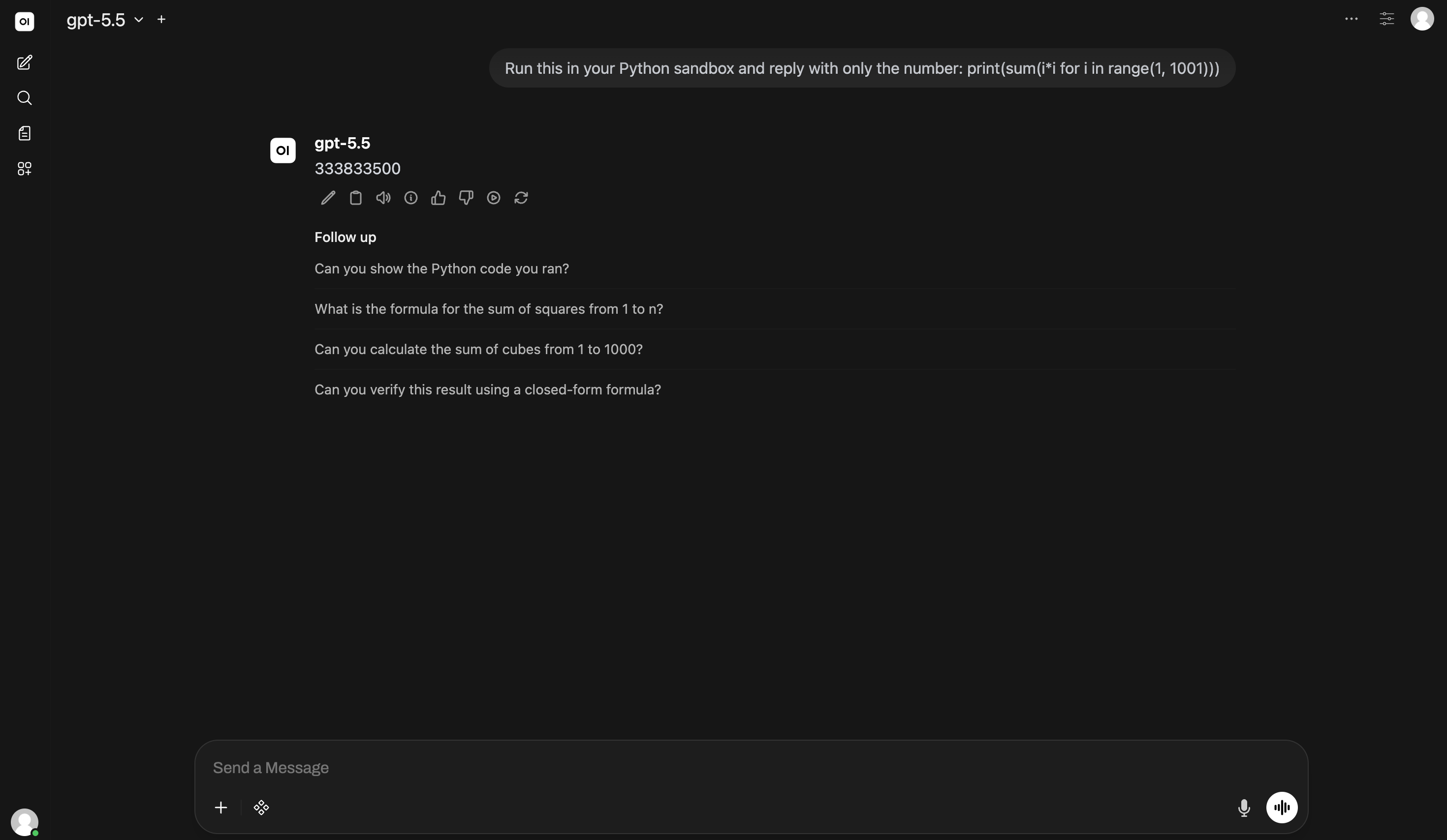 Open WebUI answering a code prompt by running it in a Modal sandbox