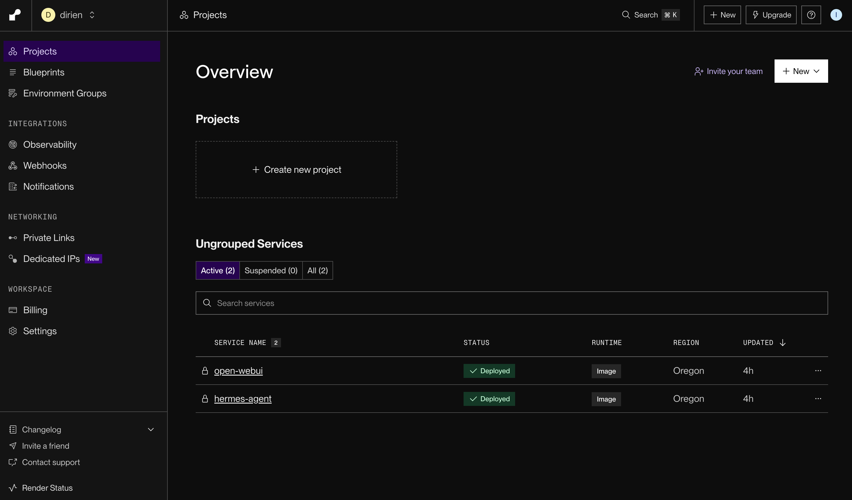 Render dashboard showing the hermes-agent and open-webui private services