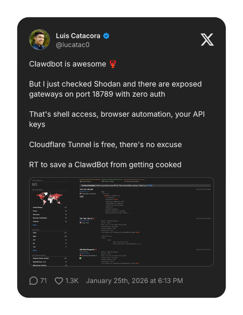 Tweet warning about exposed Moltbot gateways with zero auth