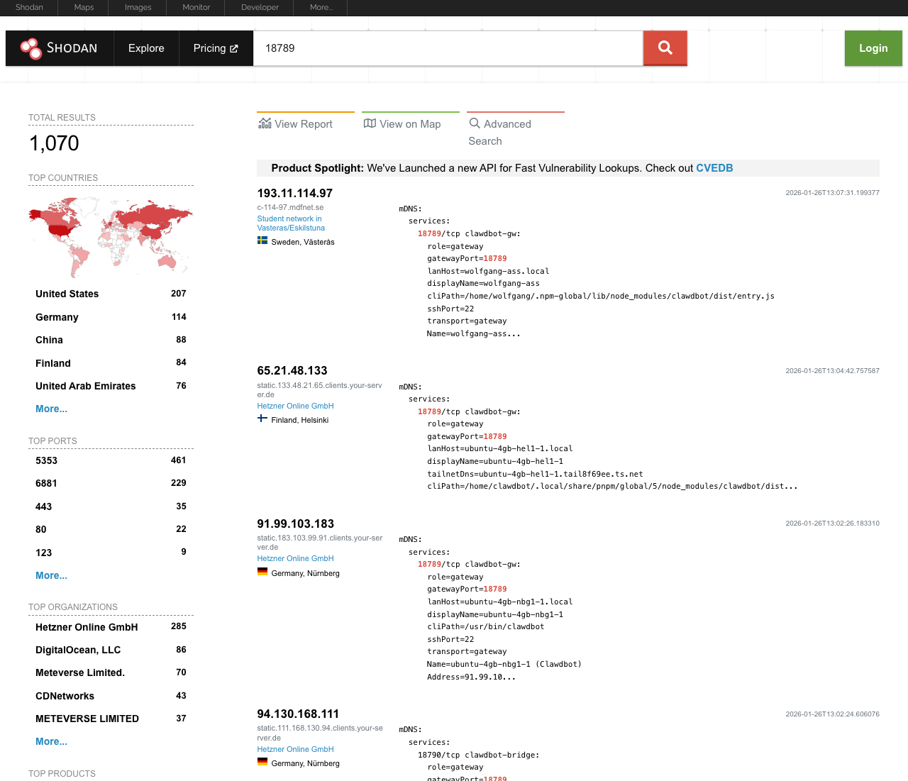 Shodan search showing exposed Moltbot instances on port 18789