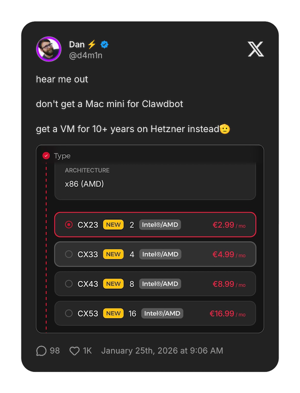 Dan&rsquo;s tweet suggesting Hetzner VMs instead of Mac Minis for OpenClaw
